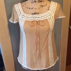 Tan silk blouse w/ lace trim
